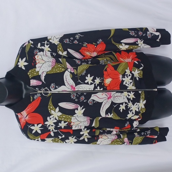 Black floral bomber style jacket, tropical print, front zip, black & red - Picture 1 of 9